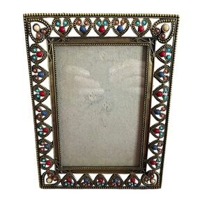 Vintage Brass Filigree Heart Beaded Picture Frame Boho Gold Tone